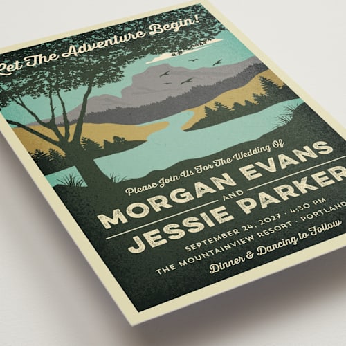 This is a forest petite wedding invitations with standard by Nam Bourassa called mountain view printing on signature in petite