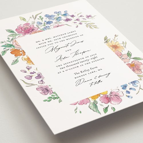 This is a tropical petite wedding invitations with standard by Itsy Belle Studio called floral pop printing on signature in petite