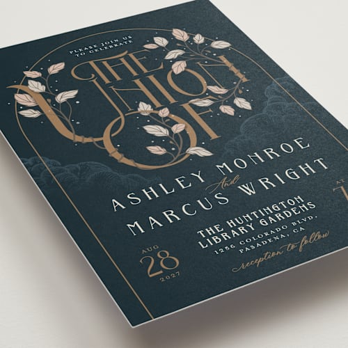 This is a dusk petite wedding invitations with standard by GeekInk Design called deco garden printing on signature in petite