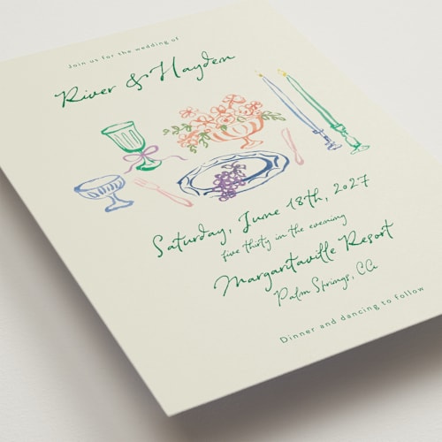 This is a garden petite wedding invitations with standard by Cass Loh called tablescape drawing printing on signature in petite