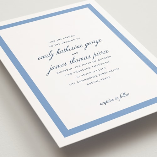 This is a blue bell petite wedding invitations with standard by Megan Davis called montauk printing on signature in petite