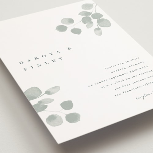 This is a silver dollar petite wedding invitations with standard by Shannon Chen of Four Wet Feet Studio called silver dollar eucalyptus printing on signature in petite