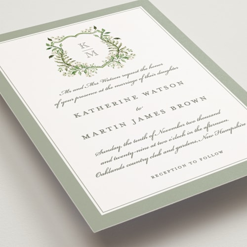 This is a sage petite wedding invitations with standard by Sarah Knight called greenery crest printing on signature in petite