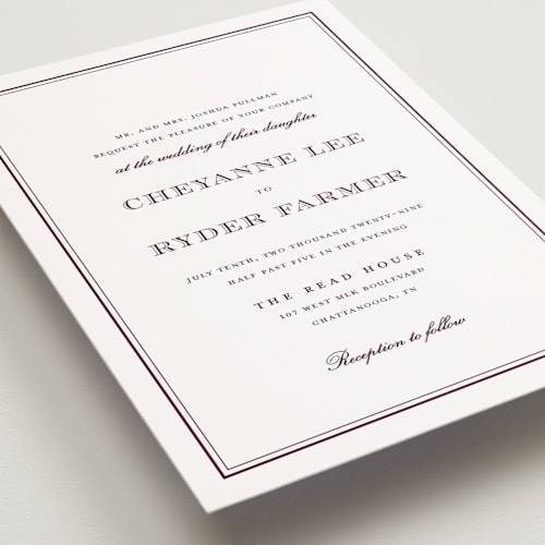 This is a burgundy petite wedding invitations with standard by Stacey Meacham called engraved names printing on signature in petite