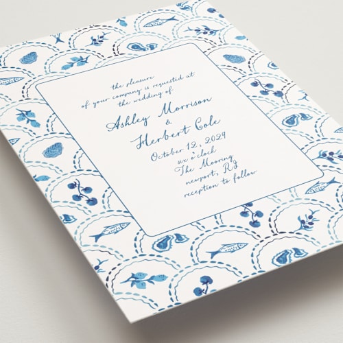 This is a cerulean petite wedding invitations with standard by Tamara Hilje called positano printing on signature in petite