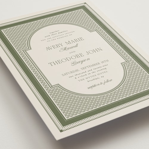 This is a moss petite wedding invitations with standard by Kelly Watkins called literary printing on signature in petite