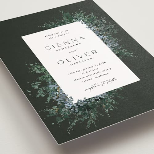 This is a emerald petite wedding invitations with standard by Kate Ahn called juniper printing on signature in petite