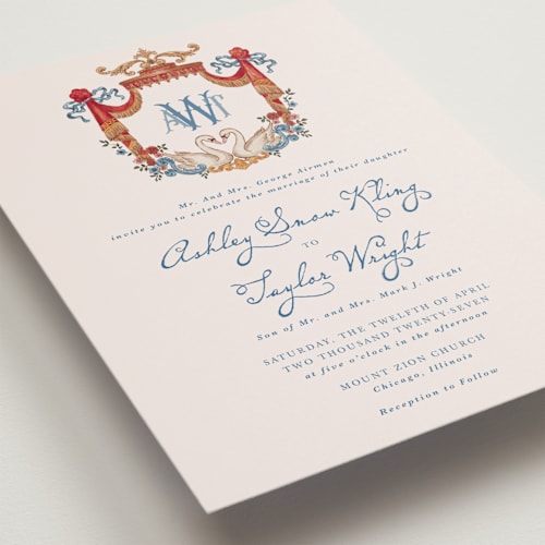 This is a royal petite wedding invitations with standard by Cass Loh called swan crest printing on signature in petite