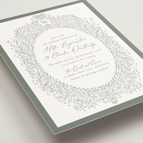 This is a forest petite wedding invitations with standard by Jackie Crawford called ornate sketched frame printing on signature in petite