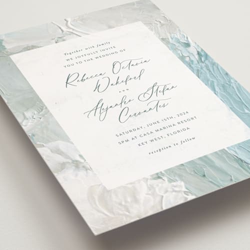 This is a aqua petite wedding invitations with standard by Hooray Creative called tidal wave printing on signature in petite