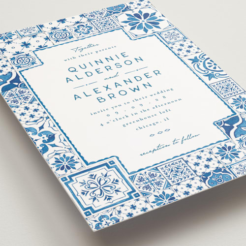 This is a navy petite wedding invitations with standard by Anastasia Makarova called watercolor tile printing on signature in petite