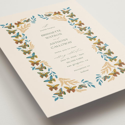 This is a sunset petite wedding invitations with standard by Jen Owens called flutter printing on signature in petite