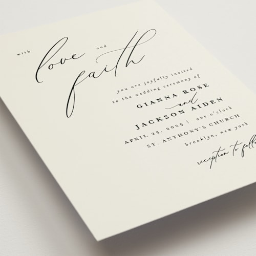 This is a vanilla petite wedding invitations with standard by Louise Kay called love and faith printing on signature in petite