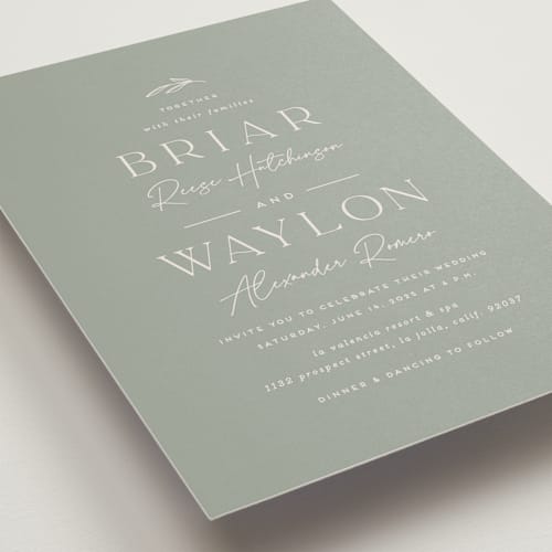 This is a sage petite wedding invitations with standard by Erica Krystek called soft arch printing on signature in petite