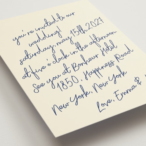 This is a blue velvet petite wedding invitations with standard by Helena Vitto called handwritten letter printing on signature in petite