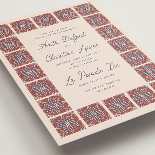 This is a terracotta petite wedding invitations with standard by Katharine Watson called block print tile printing on signature in petite