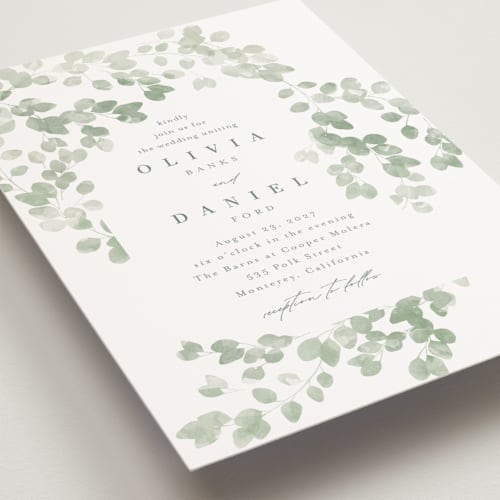 This is a eucalyptus petite wedding invitations with standard by Kristie Kern called vining printing on signature in petite