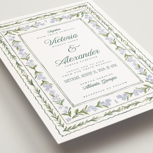 This is a wisteria petite wedding invitations with standard by Jenna Holcomb called vintage sketched printing on signature in petite