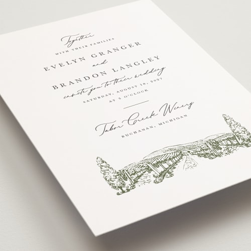 This is a olive petite wedding invitations with standard by Sarah Brown called vineyard printing on signature in petite