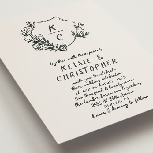 This is a ink petite wedding invitations with standard by Kelly Watkins called botanical crest printing on signature in petite