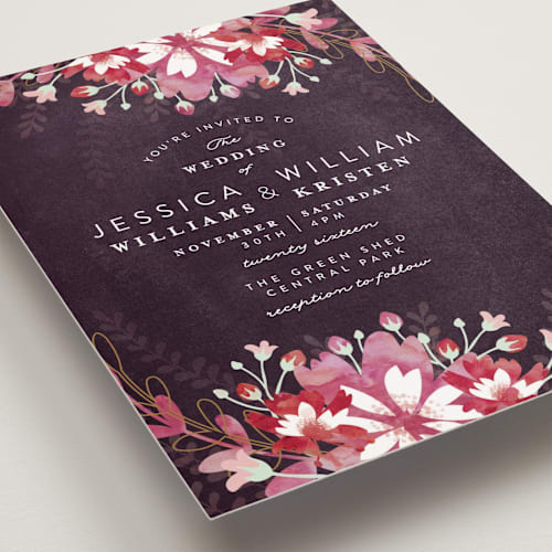 This is a deep plum petite wedding invitations with standard by Phrosné Barwood called enchanting plum printing on signature in petite