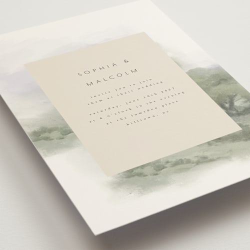 This is a moss petite wedding invitations with standard by Hannah Williams called hillside printing on signature in petite