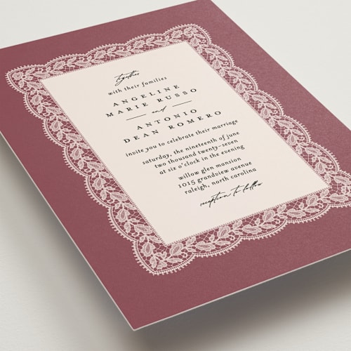 This is a mauve petite wedding invitations with standard by Erica Krystek called chantilly printing on signature in petite