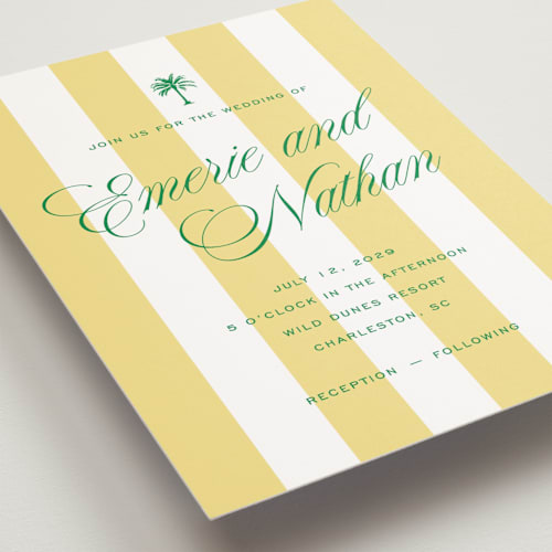 This is a limoncello petite wedding invitations with standard by Susan Zinader called island palm printing on signature in petite