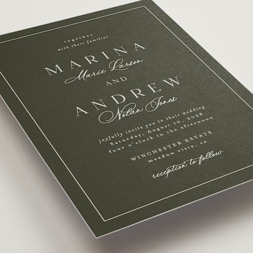 This is a deep olive petite wedding invitations with standard by Nicole Walsh called refined printing on signature in petite