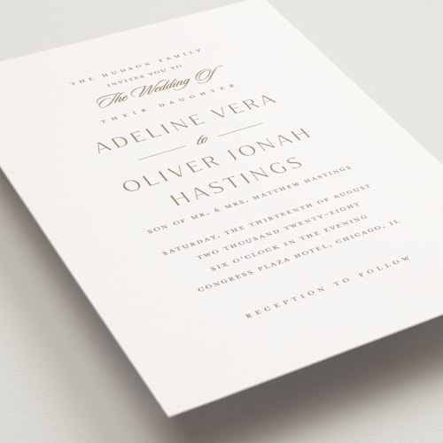 This is a golden petite wedding invitations with standard by Stacey Meacham called classic decorum printing on signature in petite