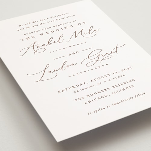 This is a pearl petite wedding invitations with standard by Hooray Creative called luxe script printing on signature in petite