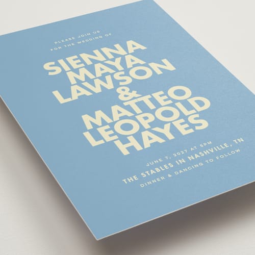 This is a skyblue petite wedding invitations with standard by Ellen Schlegelmilch called sienna printing on signature in petite