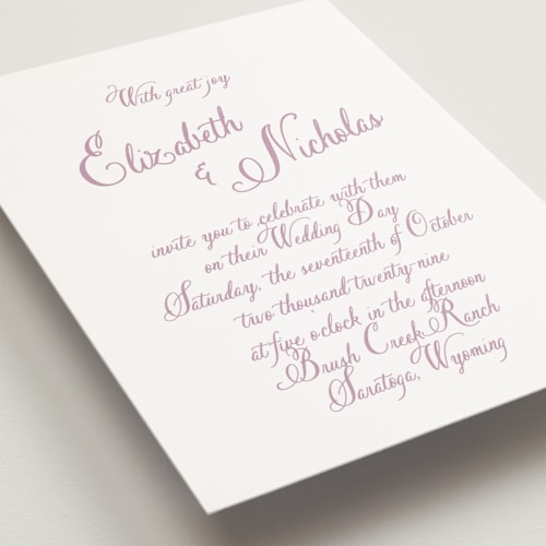 This is a lilac dreams petite wedding invitations with standard by Design Lotus called lavender dreams printing on signature in petite