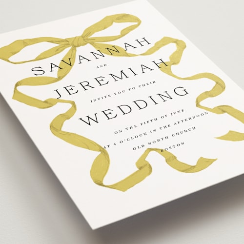 This is a citrine petite wedding invitations with standard by Olivia Kanaley Inman called antique ribbon printing on signature in petite