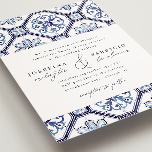 This is a azure petite wedding invitations with standard by Anastasia Makarova called watercolor azulejo printing on signature in petite