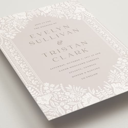 This is a cream petite wedding invitations with standard by Kristen Smith called lace trim printing on signature in petite