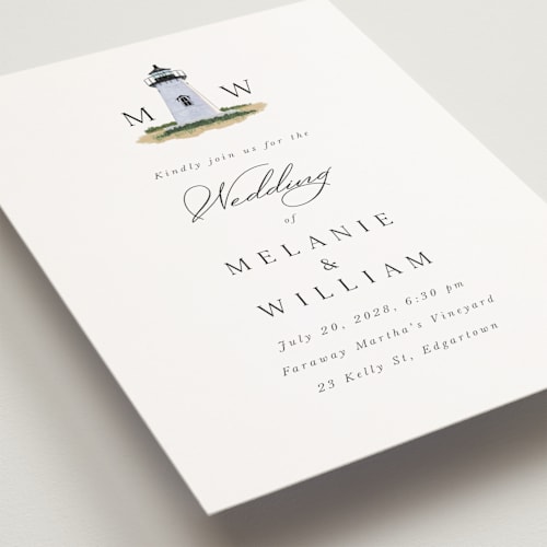 This is a snow petite wedding invitations with standard by Becky Nimoy called east coast lighthouse printing on signature in petite