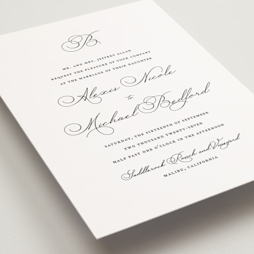 This is a pearl petite wedding invitations with standard by Jennifer Postorino called initial printing on signature in petite