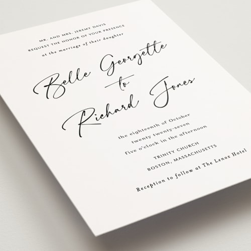 This is a onyx petite wedding invitations with standard by Katherine Moynagh called belle romance printing on signature in petite