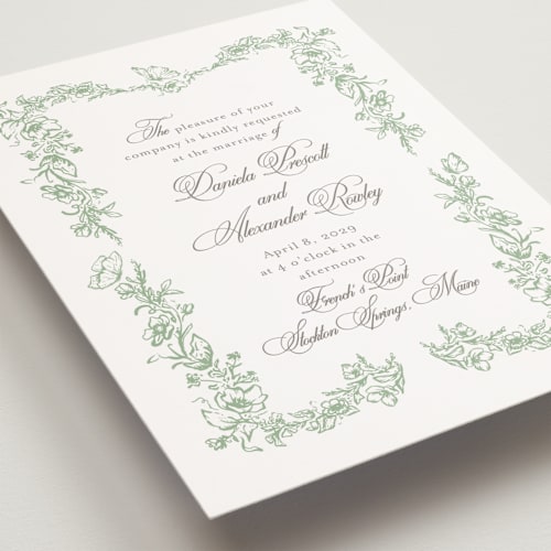 This is a mint petite wedding invitations with standard by Melinda Denison called romantic garden printing on signature in petite