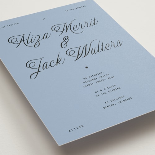 This is a sky petite wedding invitations with standard by Blustery August called cheers printing on signature in petite