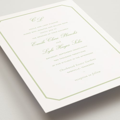 This is a mint petite wedding invitations with standard by Sara Hicks Malone called montgomery printing on signature in petite