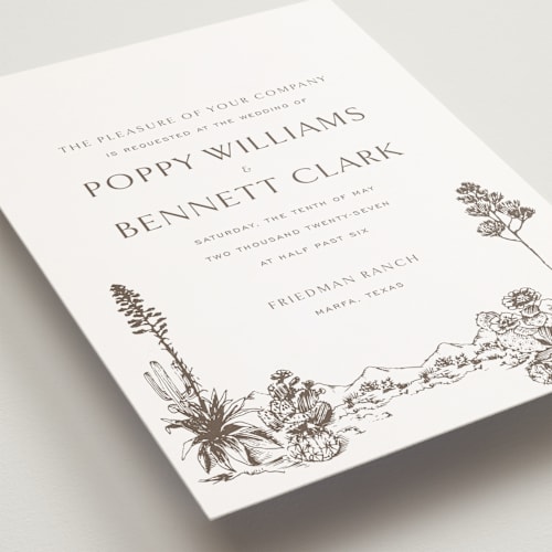 This is a pecan petite wedding invitations with standard by Megan Davis called rancho printing on signature in petite