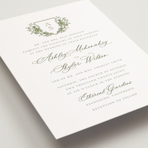 This is a moss petite wedding invitations with standard by Cass Loh called watercolor flowers crest printing on signature in petite