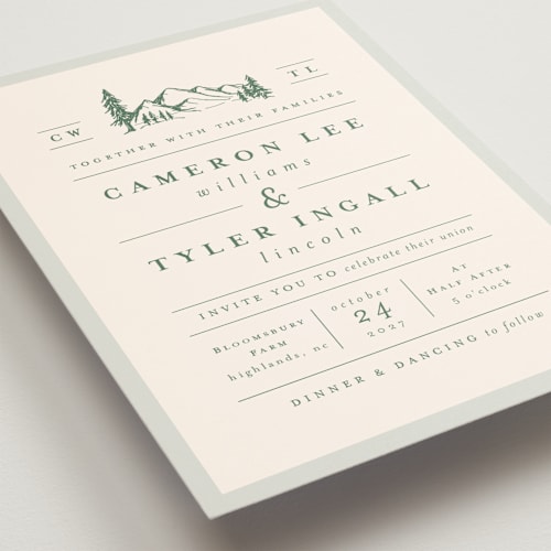 This is a pine petite wedding invitations with standard by Amy Kross called blue ridge printing on signature in petite