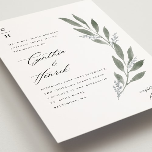 This is a heather petite wedding invitations with standard by Stacey Meacham called pressed foliage printing on signature in petite
