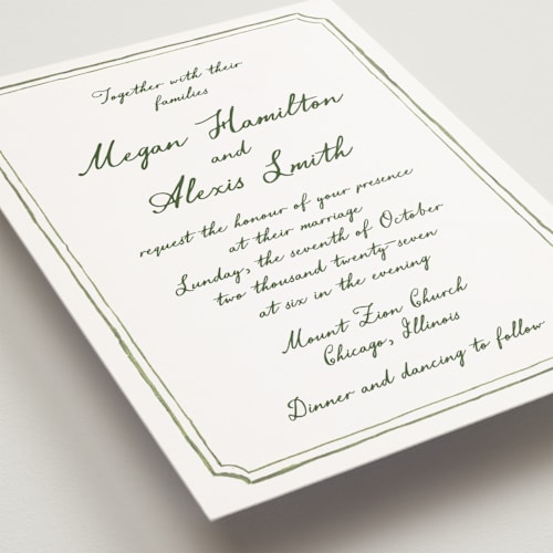This is a moss petite wedding invitations with standard by Cass Loh called handwritten printing on signature in petite