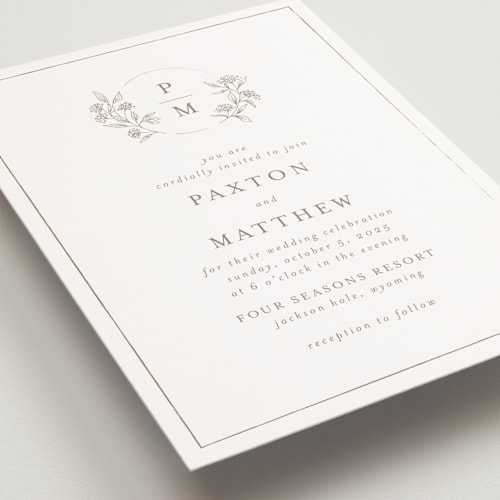 This is a taupe petite wedding invitations with standard by Chris Griffith called monogrammed printing on signature in petite