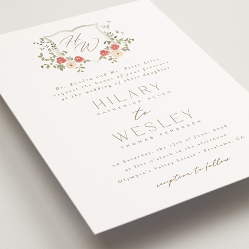 This is a pomegranate petite wedding invitations with standard by Everett Paper Goods called roses crest printing on signature in petite