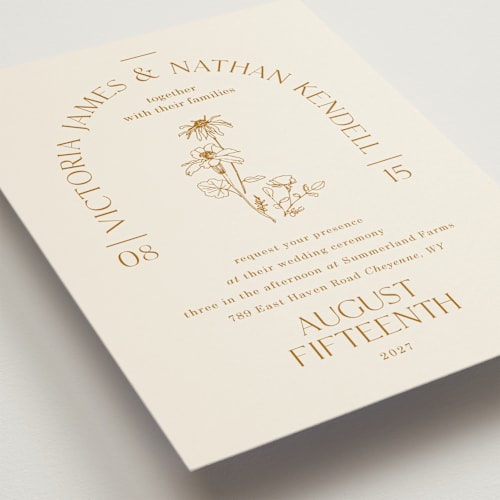 This is a cream petite wedding invitations with standard by Baumbirdy called floral type arch printing on signature in petite